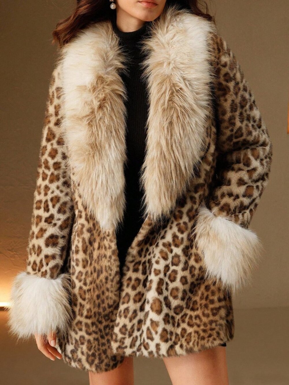 Brown Casual Women's Leopard Pattern Fluffy Fuzzy Coat - Picture 3 of 8